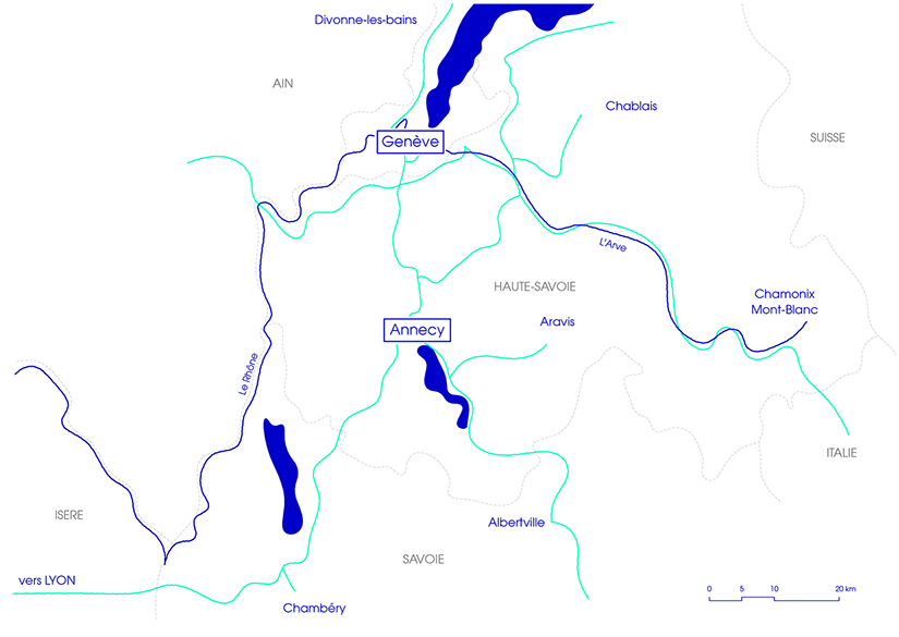 Carte de la zone d'intervention locale : situant Annecy, Genève, les départements de la Haute-Savoie, Savoie et la Suisse. 