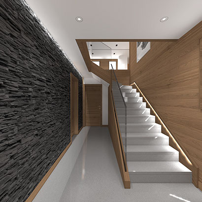 Cette vue 3D représente le hall d'entrée avec parement de pierre au mur, et l'escalier en béton et chêne massif accédant au premier étage.