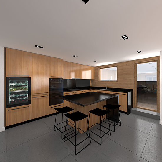 Cette vue 3D représente la cuisine et son ilôt central. Façade en cerisier et plan de travail en granite. Tabourets Last Minute de Viccarbe.