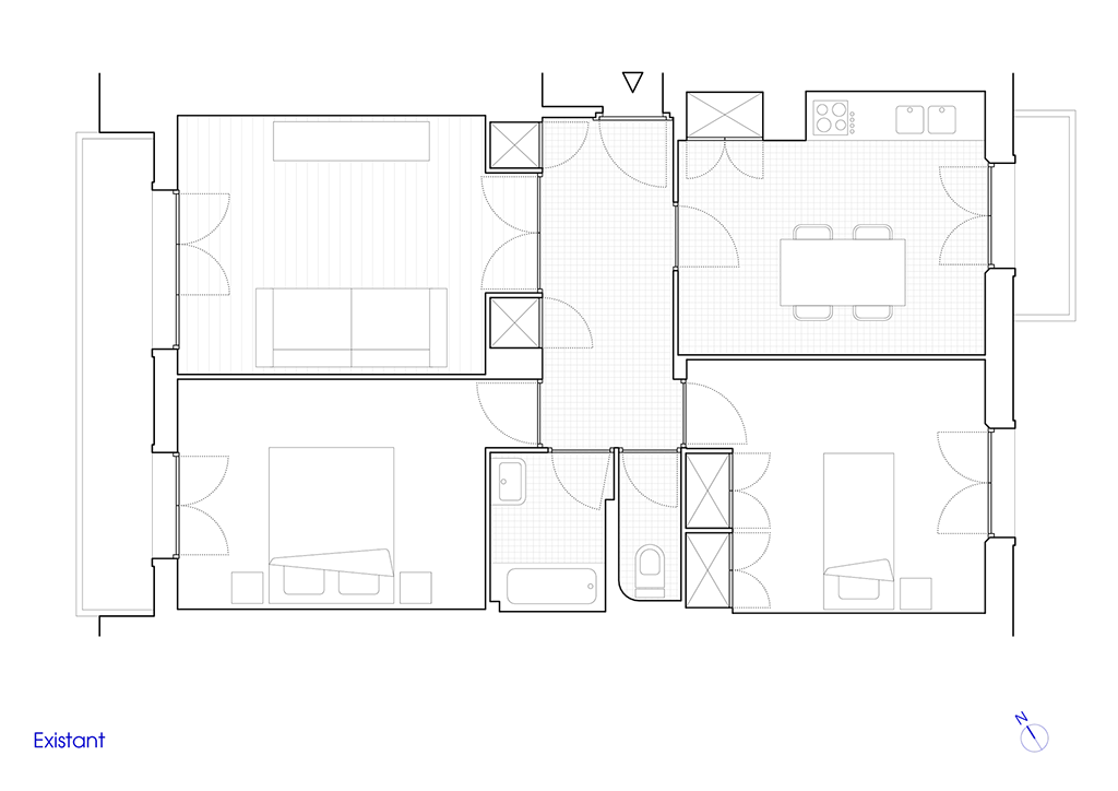 Dessin du plan existant de l'appartement avant rénovation.